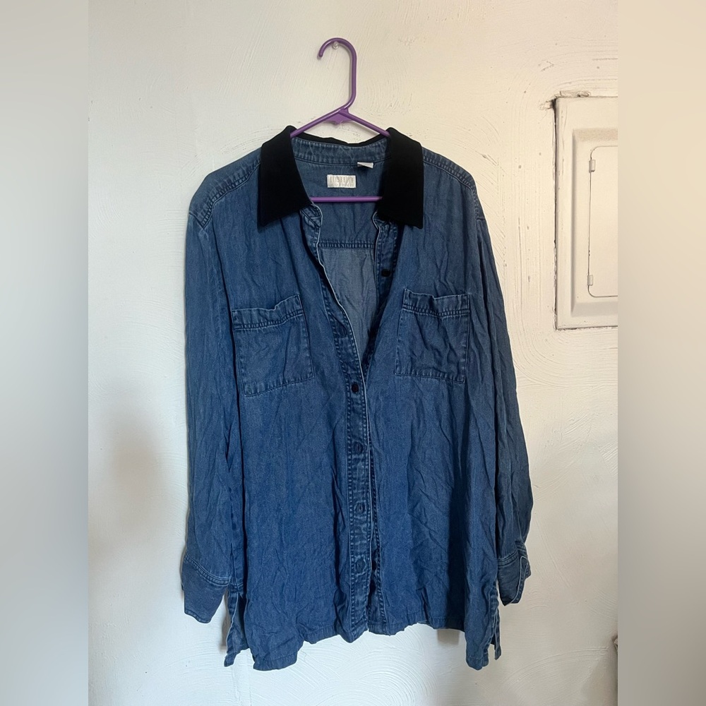 Denim Button-Up Shirt with Black Collar